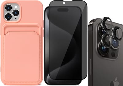 Hoesje Pasjeshouder geschikt voor iPhone 15 Pro - Privacy Screenprotector FullGuard + Camera Lens Screen Protector Zwart - Siliconen Case Back Cover Roze