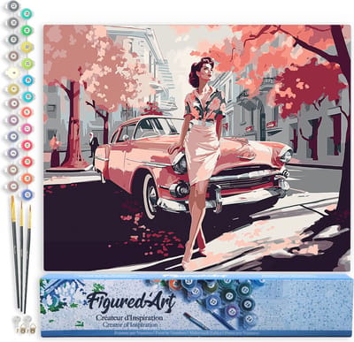 Figured'Art Schilderen op Nummer Volwassenen canvas Dame en Roze Klassieke Auto - Handwerk acrylverf Kit DIY Compleet - 40x50cm zonder frame