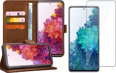 Hoesje geschikt voor Samsung Galaxy S20 FE - Screen Protector GlassGuard - Book Case Kunstleer Pasjeshouder Bruin & Screenprotector