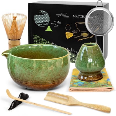 Dailygoods- Matcha Set Compleet 8-delig - Matcha Kom met Spout - Matcha Klopper - Zeef - Lepel - Bamboo Scoop - Premium Handgemaakt - Matcha Accessoires