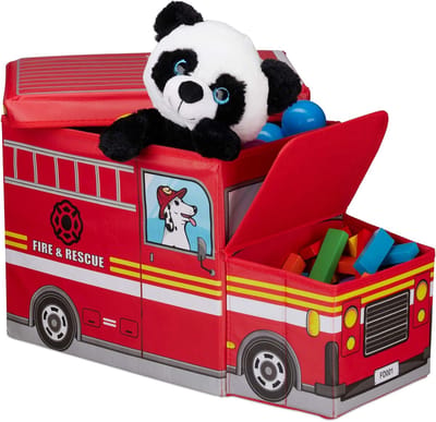 Famanu - Speelgoedkist poef met deksel kist opvouwbaar jongens en meisjes brandweer design 50L rood