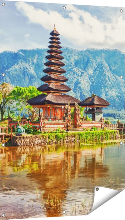 Gards Tuinposter Pura Tempel in Bali op het meer Beratan - 80x120 cm - Tuindoek - Tuindecoratie - Wanddecoratie buiten - Tuinschilderij