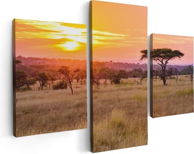 Artaza Canvas Schilderij Drieluik Zonsondergang In De Savanne - 90x60 - Foto Op Canvas - Canvas Print