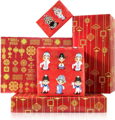 Inpakpapier voor Chinees Nieuwjaar, 6 stuks met lantaarns en Peking opera karakters, ideaal voor cadeaus en decoratie tijdens het Lente Festival