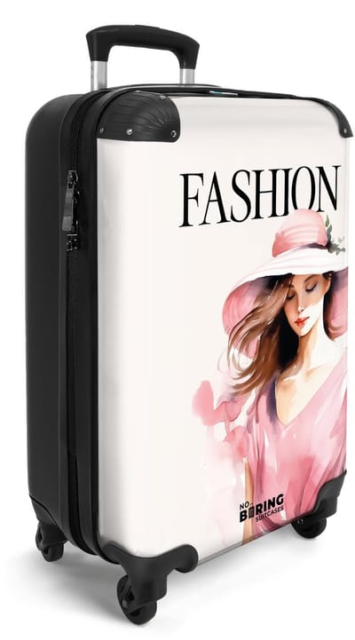 NoBoringSuitcases.com® - Handbagage koffer lichtgewicht - Reiskoffer trolley dames - Fashion - Vrouw met roze hoed - Vakantie rolkoffer met wieltjes - Carryon suitcase - Flightcase - Cabin koffertje - Past binnen 55x40x20 en 55x35x25