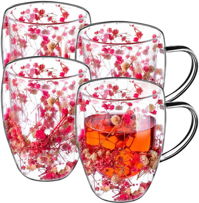 Dubbelwandige koffieglazen, 350 ml, set van 4 thermoglazen voor thee en koffie, theeglazen van borosilicaatglas, koffiebeker met gedroogde bloemen, theekop (roze)
