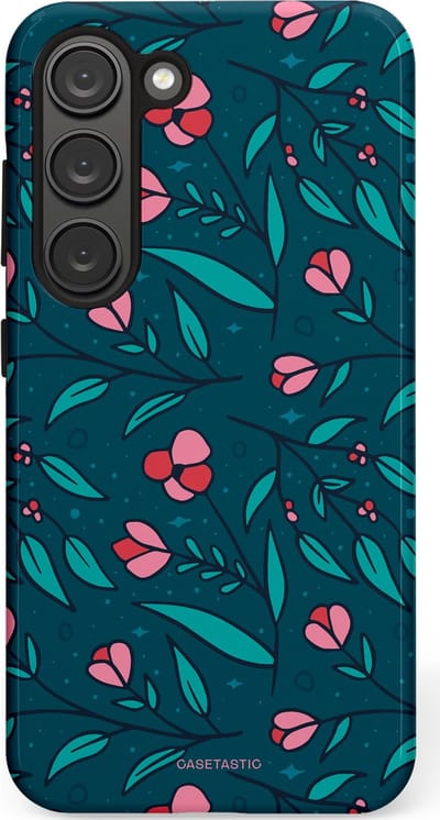Casetastic hoesje geschikt voor Samsung Galaxy S23 - Dubbellaagse bescherming - Blauwe Groene Bloemenpracht - Fashion Case - Petrol Donkergrijs