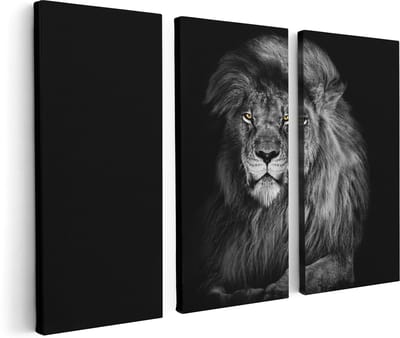 Artaza Canvas Schilderij Drieluik Leeuw Met Oranje Ogen - Zwart Wit - 120x80 - Foto Op Canvas - Canvas Print