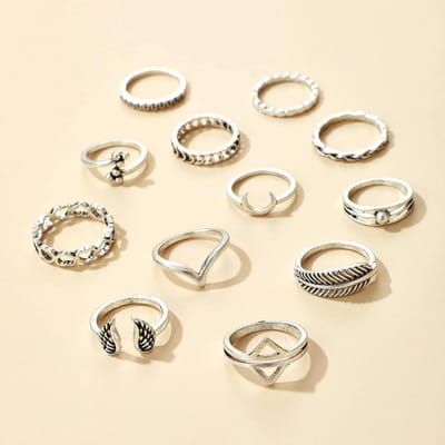 Vintage V-vormige Vleugelgewricht Ring, Maan Liefde Blad 12-delige Ring Set one size