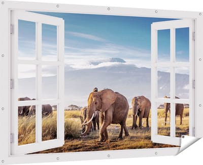 Gards Tuinposter Doorkijk Groep Olifanten Lopen voor de Bergen - 180x120 cm - Tuindoek - Tuindecoratie - Wanddecoratie buiten - Tuinschilderij