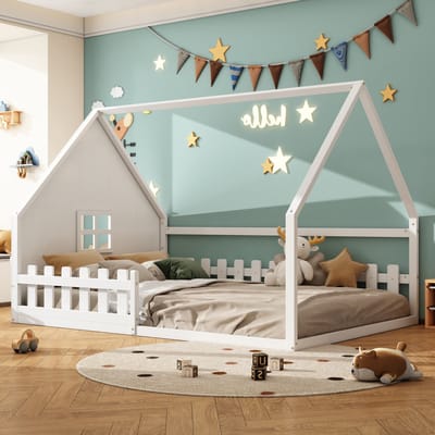 Wishdor – Kinderbed 140x200 cm – Huisframe met Bedhek – Veilig & Fris – Grenenhout & MDF – Wit