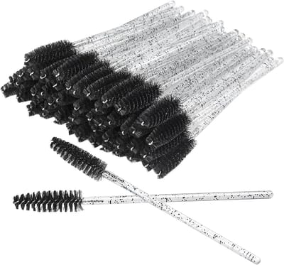 Famanu – wimperborstels voor mascara en wenkbrauwen, kristal handvat, 50 stuks, zwart