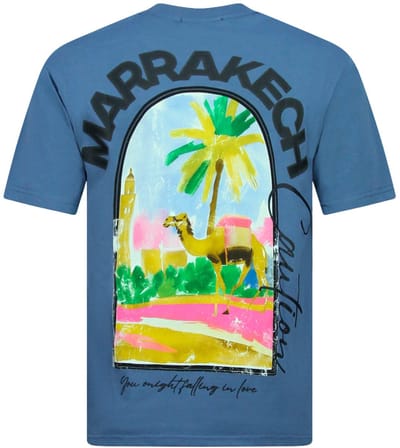 Heren Tshirt met Opdruk - Oversized T shirt Heren - Marrakech T shirt Heren met Print -1858- Blauw