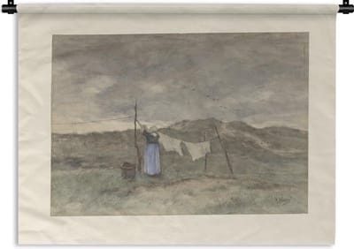 Wandkleed Anton Mauve - Vrouw bij een waslijn in de duinen - Schilderij van Anton Mauve Wandkleed katoen 90x67 cm - Wandtapijt met foto