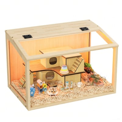 BingoPaw Houten Hamsterkooi - met Transparant Gehard Glas - LED Verlichting - Scharnierend Deksel - Knaagdierenkooi voor Hamsters Dwerghamsters Muizen - 80 x 40 x 40 cm - Natuurlijk Hout
