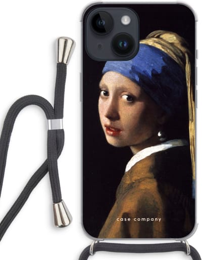 Case Company® - Hoesje met koord geschikt voor iPhone 14 hoesje met Koord - The Pearl Earring - Telefoonhoesje met Zwart Koord - Bescherming aan alle Kanten en Over de Schermrand