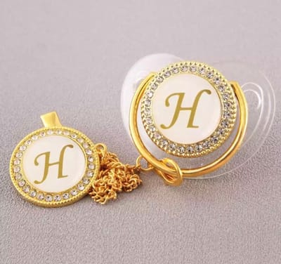 Letter fopspeen met clip - Letter H - 0 - 6 Maanden - Silica gel - Goud / Transparant - Luxe fopspenen met diamanten - Gepersonaliseerd fopspeen