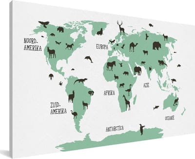 Grote wanddecoratie - Kinder Wereldkaart Dieren canvas - 200x100 cm - XXL decoratie