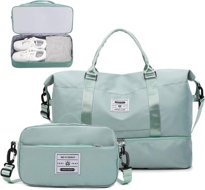Waterdichte sporttas voor dames, weekendtas met schoenenvak en nat vak, ideaal voor gym en yoga, lichtgroen, 51 x 24 x 35 cm