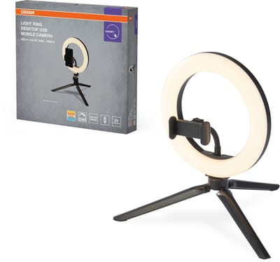 OSRAM LINEAR mobiele LED-ringlamp voor op het bureau in zwart van kunststof (PC), IP20-bescherming, voor onlinevergaderingen