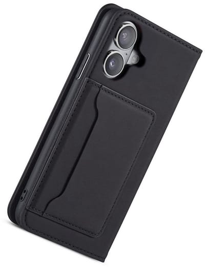 Fashion Wallet Case Hoesje geschikt voor iPhone 16 - zwart- Magnetische sluiting - Pasjeshouder - Contant geld - Duurzaam - Stijlvol - Mode - Dagelijks gebruik