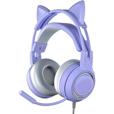 Kattenoren hoofdtelefoon met ruisonderdrukkingsmicrofoon voor meisjes. Volledig omwikkelde oorschelpen. Bedraad over-ear gaming. paars