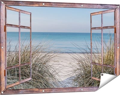 Gards Tuinposter Doorkijk Strand en Zee vanuit de Duinen - 120x80 cm - Tuindoek - Tuindecoratie - Wanddecoratie buiten - Tuinschilderij