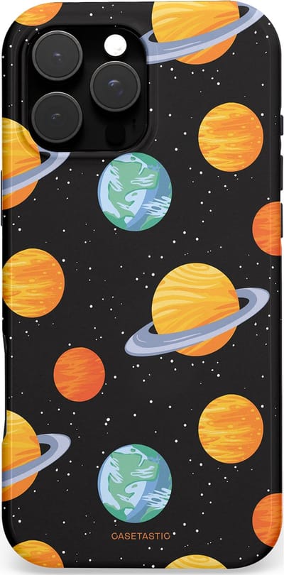 Casetastic hoesje geschikt voor Apple iPhone 16 Pro Max - MagSafe - Dubbellaagse bescherming - Universum reis - Fashion Case - Zwart Goud Oranje