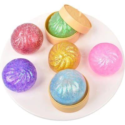 Mini Glitter Stoombroodje Squishy Speelgoed Baozi Knijpspeelgoed met Stoommandje Kleurrijk Squishy Dumpling Fidget Speelgoed voor Autisme ADHD beige