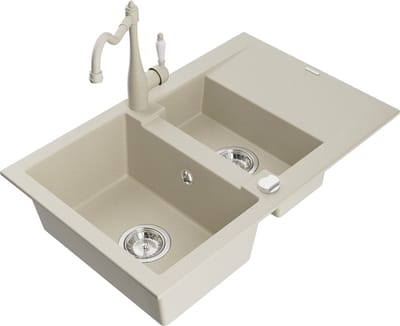 Mexen Gaspar granieten spoelbak 1,5-komor met afdruip en keukenkraan Carla, beige - 6507-69-670700-69
