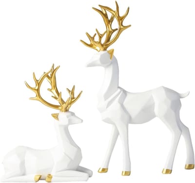 VHV - Woondecoratie - Hert decoratie - Geometrisch beeldje - Set van 2 - Kunsthars - Modern - Voor woonkamer, kantoor en kast - Luxe decoratie - Cadeau idee - Wit