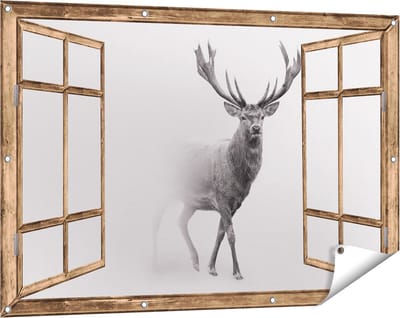 Gards Tuinposter Doorkijk Hert - Zwart Wit - 120x80 cm - Tuindoek - Tuindecoratie - Wanddecoratie buiten - Tuinschilderij