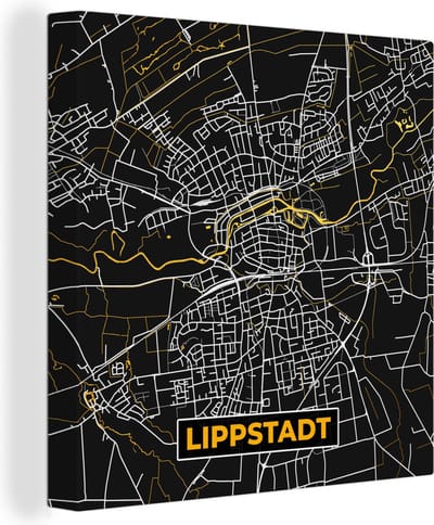 Canvas Schilderij Black and Gold – Stadskaart – Lippstadt – Duitsland – Plattegrond – Kaart - 20x20 cm - Wanddecoratie