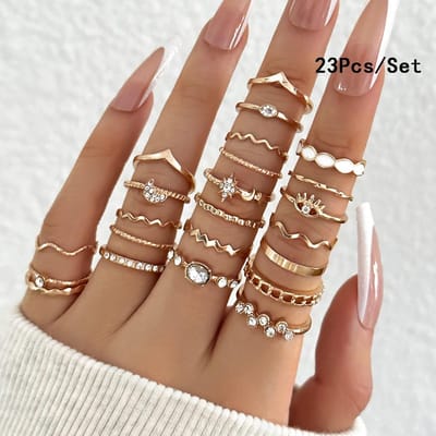 23 stuks Mode Knokkelringen Set Voor Vrouwen Kristal Ster Maan Oog Golf Goudkleur Ringen Vrouwelijk Trendy Feestsieraden Cadeau brown