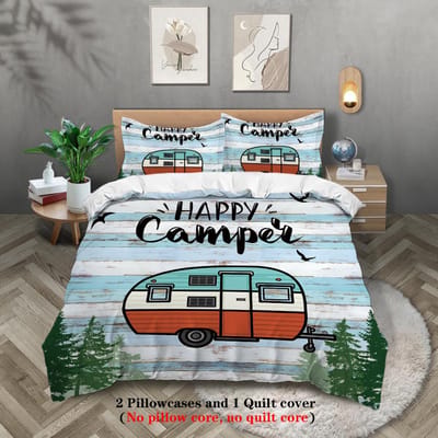 3-delige set, dekbedovertrekset met happy camper- en bospatroon, queen, king, tweepersoonsbed, party grappige en creatieve beddengoedset 140x210cm-AU-Single