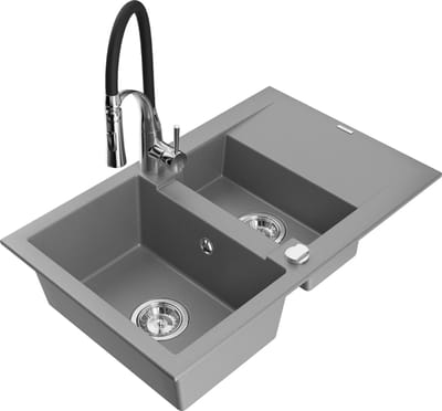 Mexen Gaspar granieten spoelbak 1,5-kamer met afdruiprek en keukenkraan Aster, grijs - 6507-71-73450-07