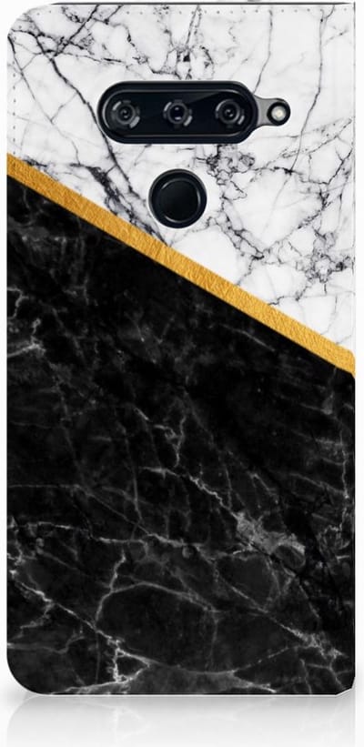 LG V40 Thinq Standcase Marmer Wit Zwart - Origineel Cadeau Man