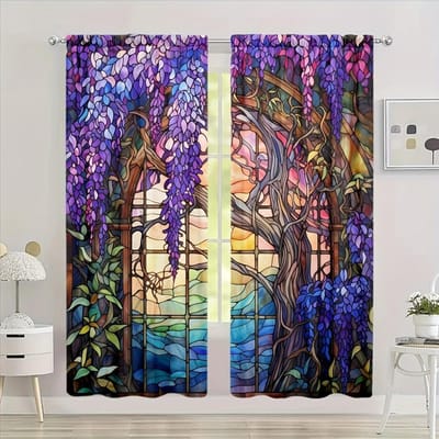 2 stuks Gebrandschilderd Glas Bloem Blauweregen Bedrukte Gordijn Voor Huisdecoratie Raambekleding Voor Slaapkamer, Kantoor, Keuken, Woonkamer W50H130(CM)x2pcs&Rod Pocket gray