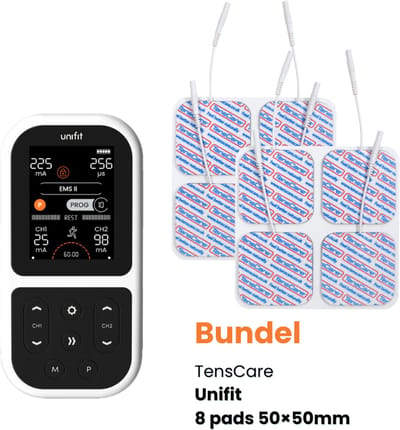TensCare – Unifit bundel inclusief 12 Elektrodenpads 50x50mm - Dubbelkanaals TENS Apparaat en EMS Spierstimulator – 12 TENS programma's – Pijnverlichting - Elektrodentherapie - Spierstimulator - Pijntherapie