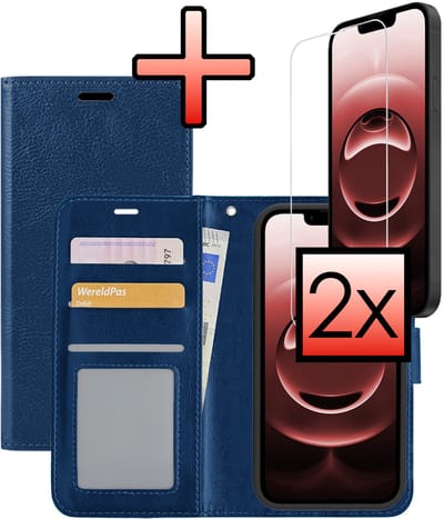Hoesje - Met 2x Screenprotector - Geschikt voor Apple iPhone 16e / 17e - Luxe Pasjeshouder - Bookcase Portemonee - Flip Case - Kunstleer Book Case - Flipcase Hoes - Book Cover - Walletcase - Portemonneehoes - Donkerblauw