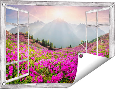 Gards Tuinposter Doorkijk Rhododendron Bloemenveld in de Alpen - 60x40 cm - Tuindoek - Tuindecoratie - Wanddecoratie buiten - Tuinschilderij