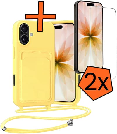 Hoesje Geschikt voor iPhone 17 Hoesje Met Telefoonketting Pasjeshouder Case Met 2x Screenprotector Koord - Hoesje Geschikt voor iPhone 17 Hoes Met Kaarthouder - Geel