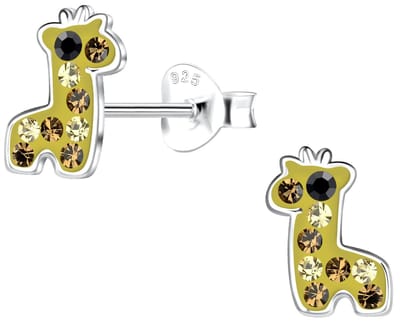 Joy|S - Zilveren baby giraf - 7 x 9 mm - oker bruin - kristal - kinderoorbellen giraffe