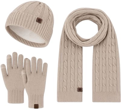 Ultiluxe® Winterset voor heren en dames - Muts, sjaal en handschoenen - Beige - Voor volwassenen - Warm gevoerde beanie - Lange sjaal - Unisex - Winteraccessoire setje - Tegen kou en wind - Voor mannen en vrouwen