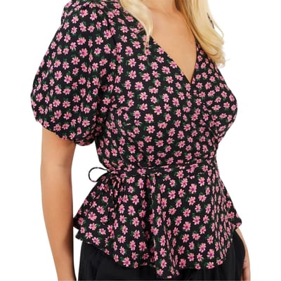 Brave Soul Dames/Dames V Hals Pofmouw Wikkel Top (Zwart/roze)