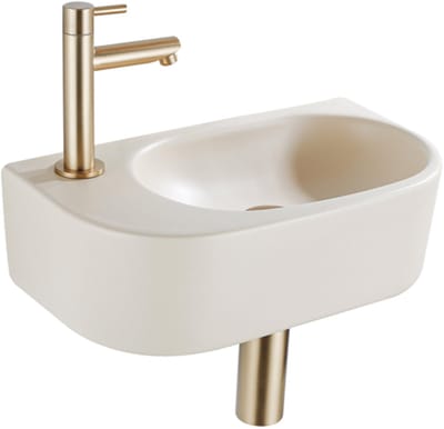 QeramiQ Fuente Fonteinset - 40x21.5x12cm - links - glad - halfrond - 1 kraangat - keramiek - fonteinkraan geborsteld messing - afvoerplug - verlaagd sifon - beige