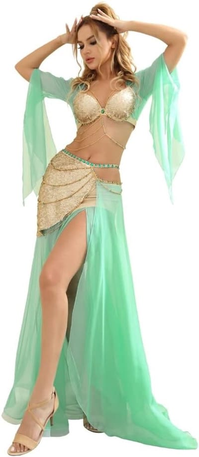 Professionele Groene Buikdansoutfit voor Vrouwen, Inclusief Top en Rok, Geschikt voor Carnaval en Dansoptredens, Maat L