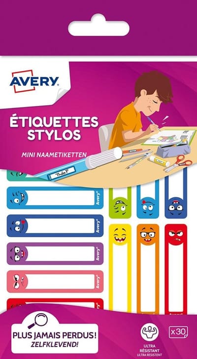 30 Duurzame Zelfklevende Etiketten voor Kleurpotloden en Viltstiften - 50 x 10 mm - Smiley Motieven - Beschrijfbaar en Permanent Klevend