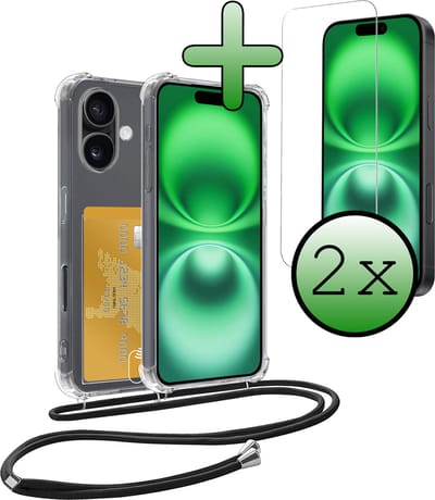 Hoes Geschikt voor iPhone 16 Hoesje Pas Houder Shock Proof Case Hoes Met Koord Met 2x Screenprotector - Hoesje Geschikt voor iPhone 16 Hoes Met Telefoonkoord Pasjeshouder Cover - Transparant