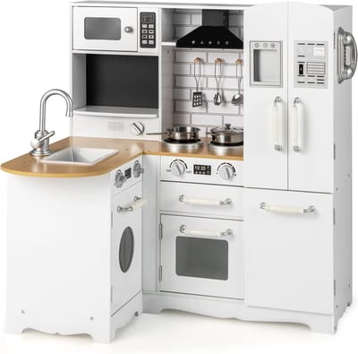 COSTWAY Kinderkeuken met accessoires, hoekspeelkeuken, hout, incl. koelkast, waterkraan, gootsteen, fornuis, telefoon, hoekkeuken, speelgoedkeuken voor kinderen vanaf 3 jaar